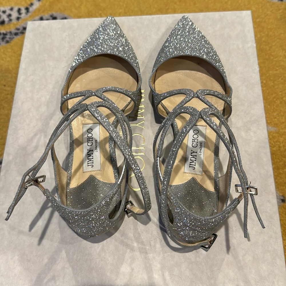 Jimmy Choo Lancer Silver Pointed Glitter Flat